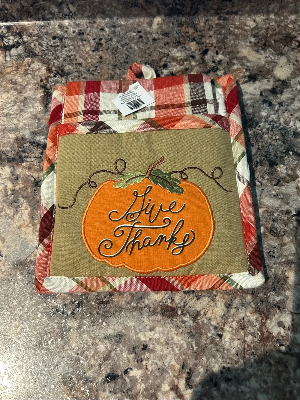Orange Plaid 'Give Thanks' Pumpkin Pot Holder and Towel